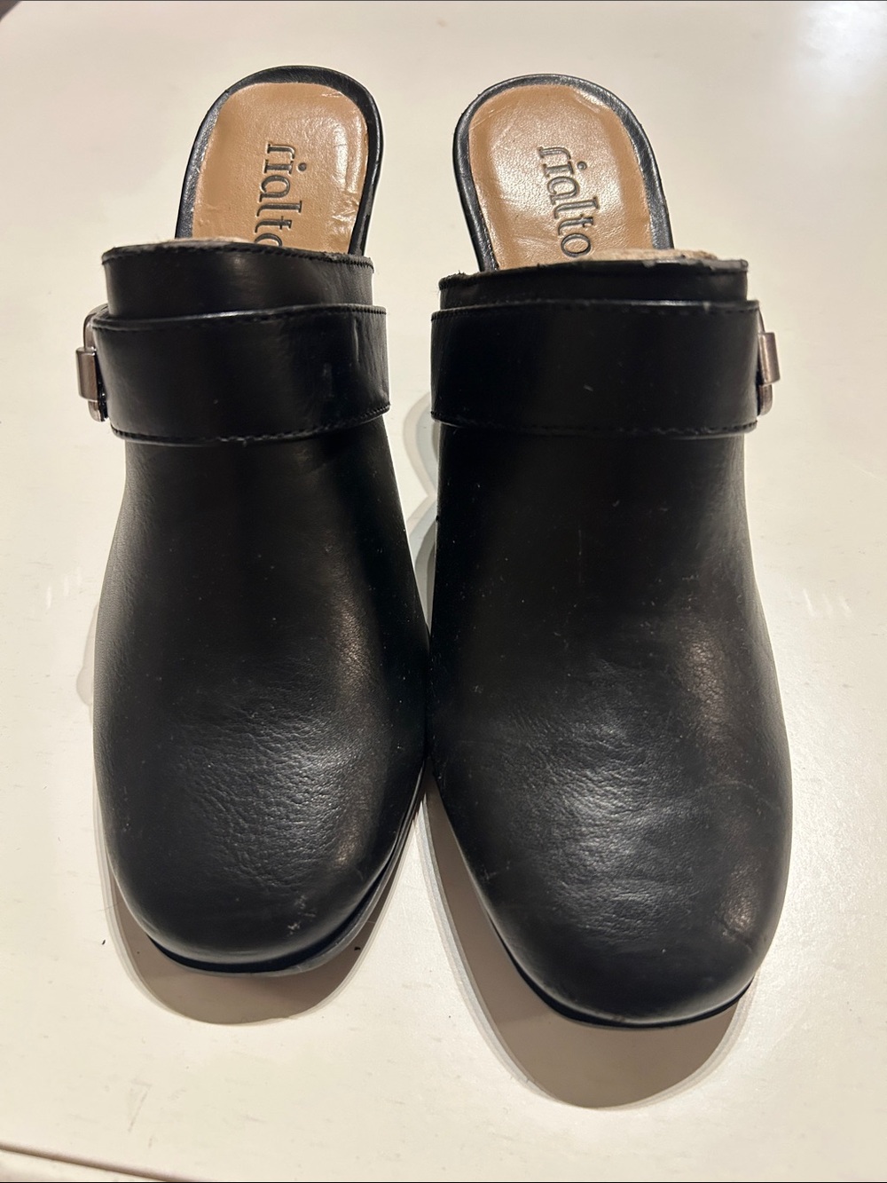 Rialto Black Leather Slip-On Clog Mules